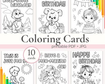 Printable Coloring Happy Birthday Cards for Kids, Digital Colouring Card, Color Your Own Greeting Card, Crafts Bundle, Craft Activity Gift