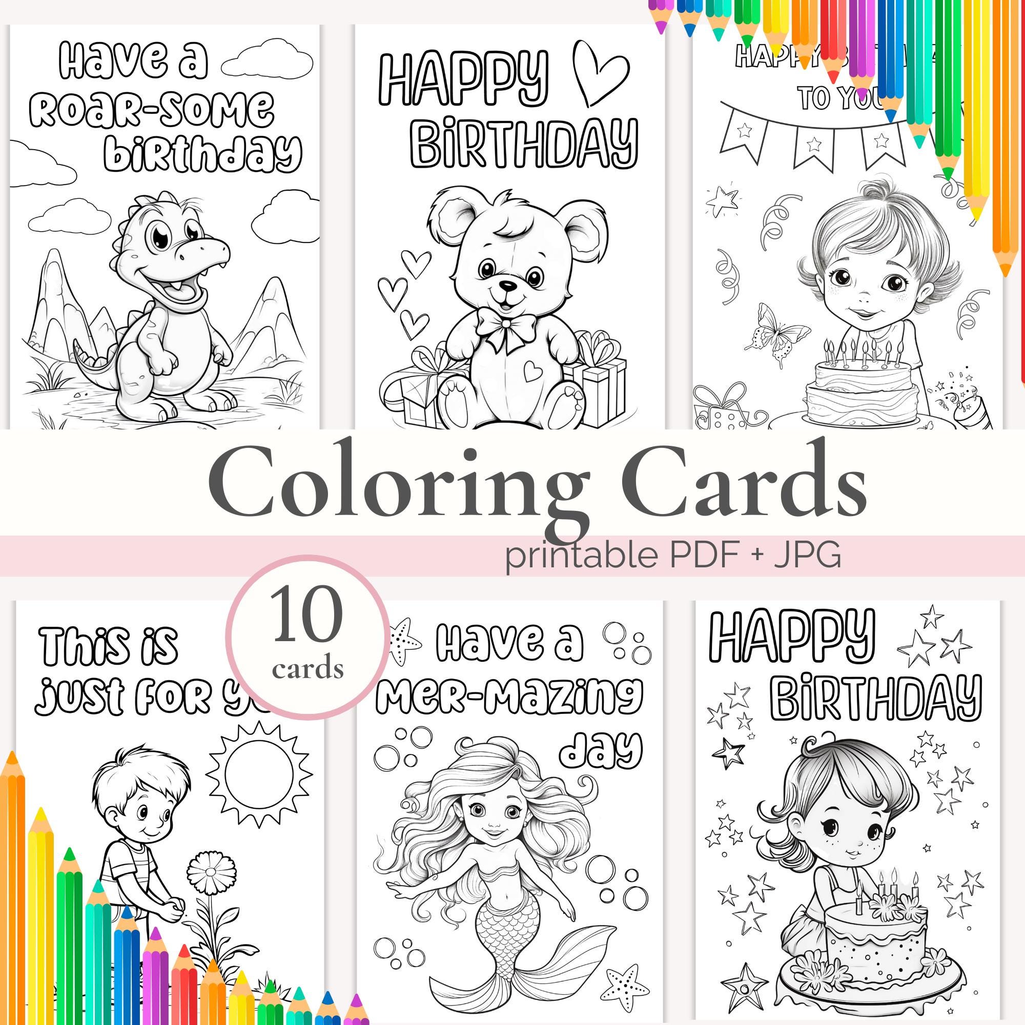 Printable Coloring Happy Birthday Cards for Kids, Digital Colouring ...