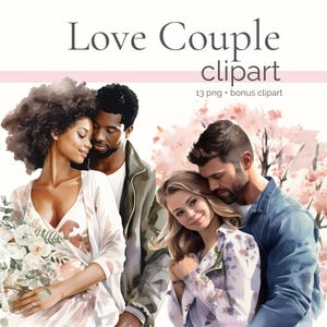 Clipart di coppia innamorata ad acquerello, PNG di amanti romantici, Clip art di romanticismo primaverile, Coppie per San Valentino, Pacchetto di fiori primaverili, PNG di anniversario
