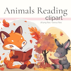 Niedliche Tiere, die Clipart, Herbst-Lesezeichen-Tierclipart, gemütlicher Herbst PNG, Kinderkarikatur-Bücherwurm-Liebesbücher, Journalbuch-Liebhaber-Bündel
