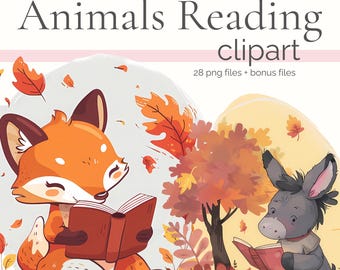 Cute Animals Reading Clipart, Autumn Bookish Animal Clip Art, Cozy Fall PNG, Children Cartoon Bookworm Love Books, Journal Book Lover Bundle