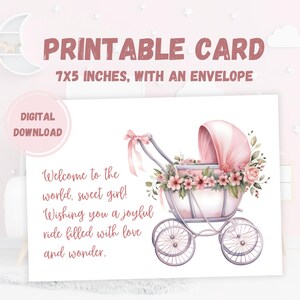 Carte imprimable pour bébé fille, carte postale de bienvenue pour nouveau-né, cadeau de naissance numérique pour enfant, fête de douche pour chambre d'enfant, arrivée de nouveau-né, félicitations pour maman