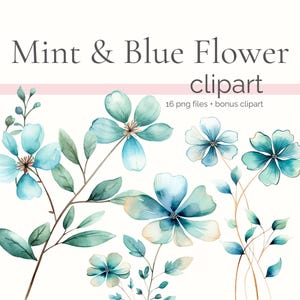 Puede incluir: Clipart de acuarela con 16 flores azules y verdes con hojas. Las flores están en varios tonos de azul y verde, algunas con un efecto más acuarela que otras. Las hojas son de un verde más oscuro y tienen un aspecto más realista. El clipart es perfecto para agregar un toque de naturaleza a tus diseños.