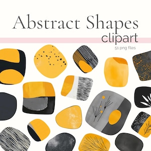 Puede incluir: Un conjunto de 51 imágenes de clipart digitales que presentan formas abstractas en amarillo y gris. Las formas son orgánicas y fluidas, con una estética moderna y minimalista.