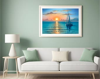 Quadro decorativo com pôr do sol em veleiro na costa, impressão náutica de paisagem marítima (download digital)