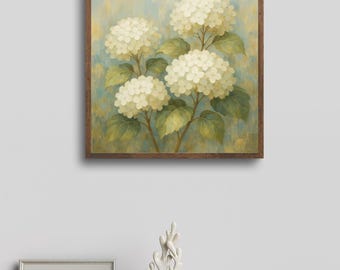 May include: A framed floral print featuring white hydrangea blooms with green leaves against a soft blue and yellow background. The artwork is encased in a brown wooden frame, suitable for home decor.