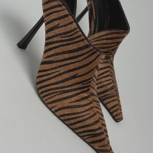 Kael Zebra Print Pony Hair High Heel Mules, Brown Animal Print Stiletto Sandals, Luxury Pointed Toe Heels, Statement Women Shoes