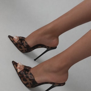 Zarina Leopard Satin High Heel Mules, Animal Print Stiletto Sandals, Luxury Slip On Heels, Elegant Satin Statement Shoes for Women
