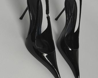Black Patent Leather Stiletto Heels for Women, Elegant 10 cm High Heels, Luxury Glossy Pumps, Chic Designer Inspired Stilettos