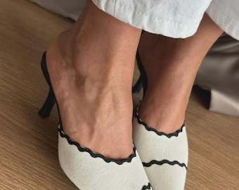 Sandali con tacco a spillo in lino da donna / Sandali con tacco a punta e chiusura slip-on / Sandali beige e neri / Eleganti sandali estivi con tacco / Sandali chic con tacco basso