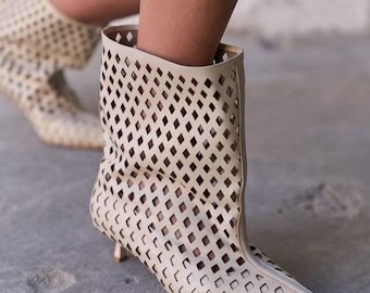 TAPE Leather Summer Boots, Black Beige Cut Out Ankle Boots for Women, Handmade Genuine Leather Pointed Toe Heeled Booties
