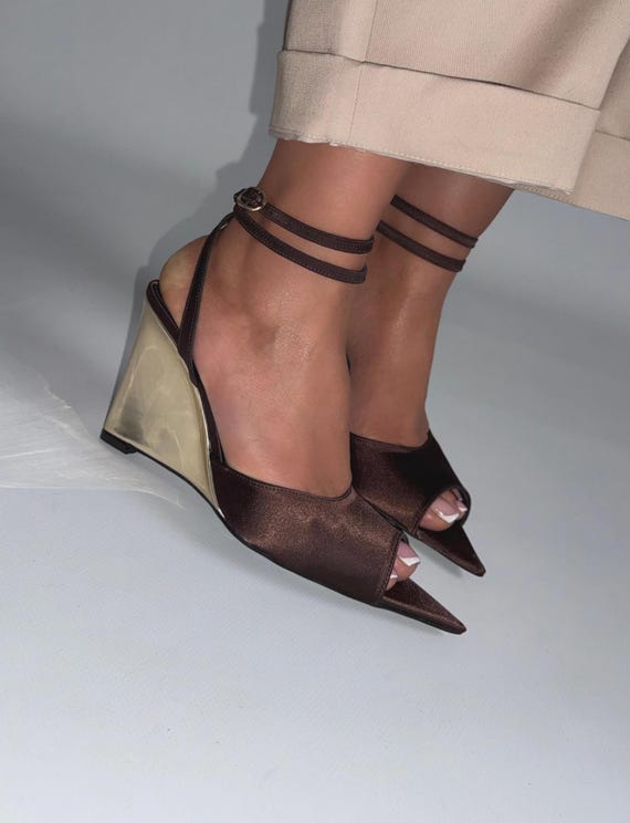 Brown Metallic Wedge Sandals, Luxury Platform Heels, Handmade Women Wedding Guest Shoes, Summer Party Heels