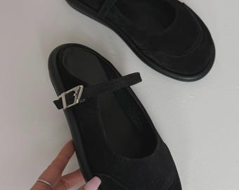 Handmade Suede Mary Jane Mules | Black Leather Clogs for Women | Comfortable Flat Shoes | Minimalist Everyday Footwear