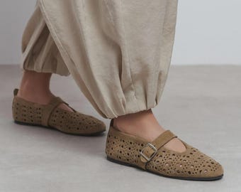 Wildleder Mary Jane Wohnungen, Muster echtes Leder Ballettschuhe, handgefertigte Schnalle Wohnungen, bequeme Frauen Schuhe 4 Farben