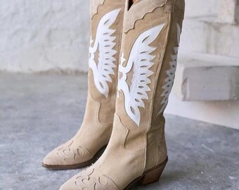 GRIMES Honey Suede Cowboy Boots, Handmade Beige Western Boots, Women's Knee High Leather Boots, Boho Festival Cowgirl Boots