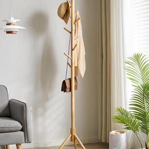 Adjustable Wooden Standing Coat Rack with 8 Hooks | Standing Coat Hanger | Modern Coat Rack | Hat Rack | Cloth Rack | Scandinavian Coat Rack