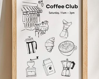 Coffee Club Art Print: Hand-Drawn Cafe Poster (Digital Download)