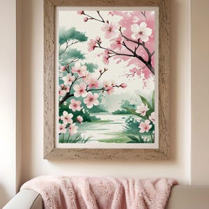 Weiche rosa Blumenkunst Kirschblüte Aquarell druckbare Wandkunst japanischer Garten-Druck für Hauptdekor-Wand-Druck-Plakat