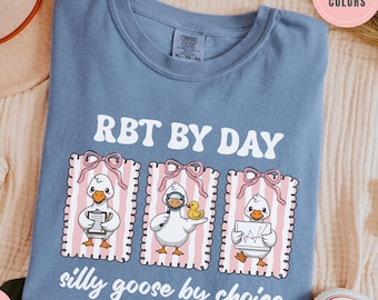 May include: Blue jean colored t-shirt with the text "RBT BY DAY" and "silly goose by choice". The shirt features three cartoon goose illustrations in pink frames. The geese are wearing hats and holding objects.