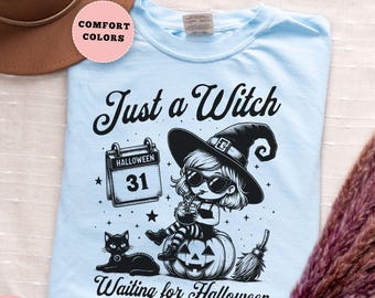 Just waiting for Halloween shirt, comfort colors summerween Shirts, cute witch halloween tshirt, hot ghoul summer tee,  whimsigoth clothing