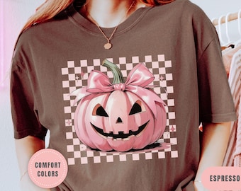 Jack o lantern shirt, Comfort colors retro Halloween pink pumpkin shirts, coquette pumpkin tee, cute halloween bow tshirt, fall t shirt