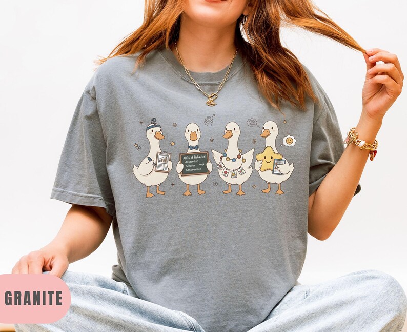 May include: Granite-colored t-shirt featuring a whimsical illustration of four cartoon geese. Each goose holds a different item, including a clipboard, a chalkboard with text, and a star. The shirt has a relaxed fit and short sleeves.