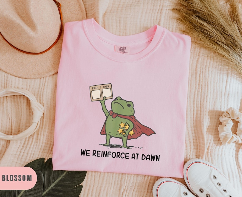 May include: A light pink t-shirt with a cartoon frog superhero graphic. The frog is wearing a cape and holding a sign that says "FIRST THEN". The text "WE REINFORCE AT DAWN" is printed below the frog. White sneakers are at the bottom.