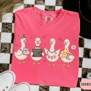 May include: A pink Comfort Colors t-shirt featuring a whimsical design of four cartoon geese. Each goose holds an item, including a clipboard and a star. The text "ABCs of Behavior" is on a small chalkboard. The shirt is labeled "Crunchberry".
