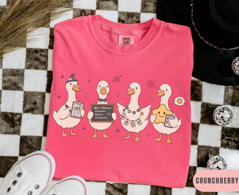 May include: A pink Comfort Colors t-shirt featuring a whimsical design of four cartoon geese. Each goose holds an item, including a clipboard and a star. The text "ABCs of Behavior" is on a small chalkboard. The shirt is labeled "Crunchberry".
