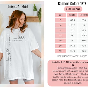 May include: A white unisex t-shirt with the text "width" and "length" marked on it. The size chart shows measurements in inches, with a model wearing size XL. The shirt is made of ringspun cotton.