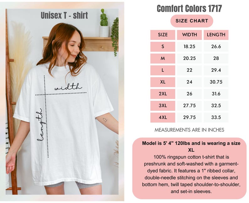 May include: A white unisex t-shirt with the text "width" and "length" marked on it. The size chart shows measurements in inches, with a model wearing size XL. The shirt is made of ringspun cotton.