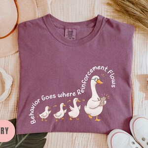 May include: Berry-colored t-shirt with a graphic of a goose wearing glasses and holding a device, followed by three ducklings. The text "Behavior Goes where Reinforcement Flows" is arched around the goose. White sneakers are at the bottom.