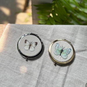Hand Embroidered Pocket Mirror, Compact Mirror, Makeup Mirror, Butterfly Embroidery Mirror, Gift for Her