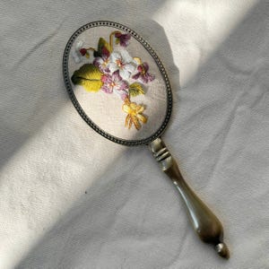 Floral Embroidered Hand Mirror, Flower Pocket Mirror, Makeup Mirror, Vintage Hand Mirror, Gift for Her