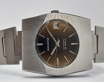 nos SANDOZ automatic date swiss vtg gray dial extremely rare steel men's watch