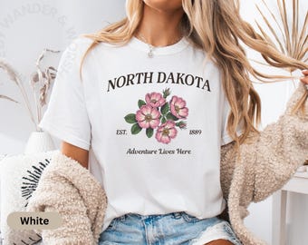 Maglietta North Dakota Prairie Rose, maglietta retrò State Flower Comfort Colors, grafica Nature Road Trip, maglietta per gli amanti dei viaggi panoramici