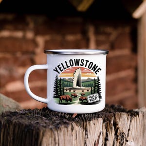 Yellowstone Enamel Camping Mug, Geyser And Bison Coffee Cup, Wyoming Hiking Gift, Mountain Wildlife Travel Mug, Outdoor Explorer Drinkware