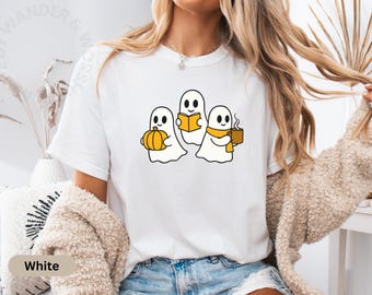 Komfortfärger Mysig spökskjorta, retro Halloween-boktröja, söt höst-Ghostcore-estetik, pumpa-kaffe-spöktröja, hälsosam hösttröja