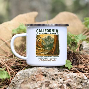 California Camping Mug, Enamel Mug For Nature Lovers, Yosemite Park Gift, Sequoia Drinkware, National Park Souvenir, Desert Hiker 12oz Mug