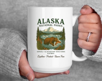 Alaskas nationalparker mugg, keramisk kaffekopp för parkälskare, björn- och bergsdjursdryck, vandrings- och campingresepresent