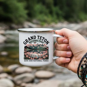 Grand Teton Camp Mug, Enamel Coffee Cup With Mountain  Design, Wyoming Park Souvenir, Outdoor Adventure Travel Mug, National Park Gift