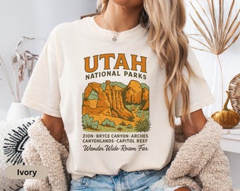 レトロユタ国立公園コンフォートカラーTシャツ、マイティファイブシャツ