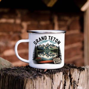 Grand Teton Hiking Mug, Enamel Camping Mug For Mountain Lovers, Wyoming Trail Coffee Cup, Scenic Travel Souvenir, National Park Collectible