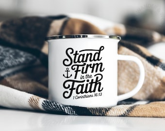 Christian Camping Mug, Outdoor Faith Drinkware, Stand Firm Bible Verse Gift, Inspirational Scripture Enamel Cup, Encouraging Verse Souvenir