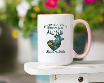 Keramisk mugg med älg och berg i Colorado, kaffekopp för naturälskare och parkutforskare