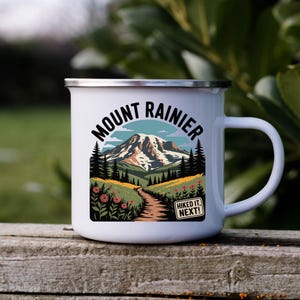 Mount Rainier Camping Mug, Retro Enamel Mug For Hikers, National Park Coffee Cup, Mountain Travel Gift, Outdoor Adventure Drinkware