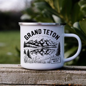 Grand Teton Camp Mug, Enamel Mug For Mountain Lovers, Wyoming Park Souvenir, Hiker Gift Drinkware, Outdoor Explorer Cup, National Park Mug