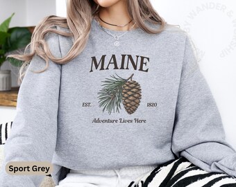 Felpa con cappuccio Maine Nature Travel, girocollo retrò, top panoramico per avventure all'aria aperta, regalo per esploratori della lista dei desideri, maglione vintage per viaggi su strada
