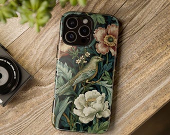 Vintage Floral Bird Phone Case, William Morris Inspired Botanical Tough Case, Artistic Nature Cover for iPhone Samsung, Elegant Gift For Her