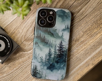 Misty Forest Phone Case, Dark Green Watercolor Landscape Art Cover for iPhone Samsung, Nature Lover Gift, Feminine Botanical Accessory